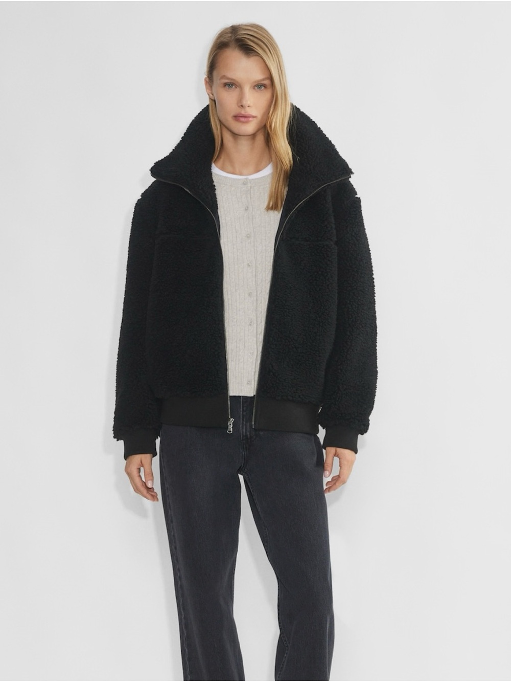 Aritzia Sunday Best Black Plush Teddy Bomber Jacket